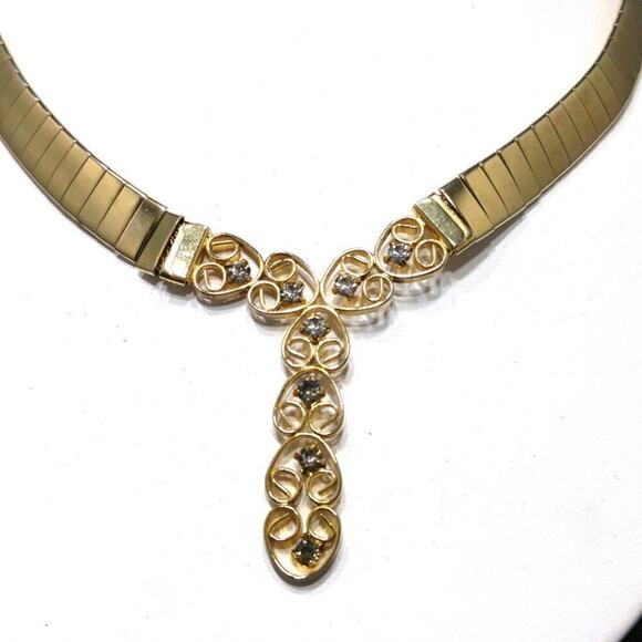 Vintage Mesh Link Choker Necklace, Gray Rhinestone Y Pendant, 16 Inches - Picture 5 of 8